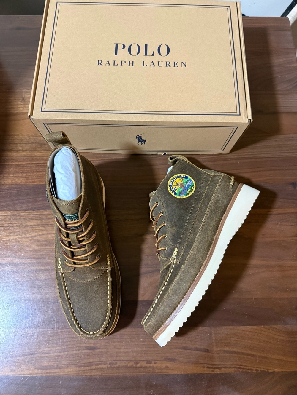 Polo Ralph Lauren Ranger Suede Workboot Size 11.5 Desert Tan Boots Logo Patches